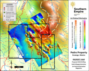 Figure 1. Preliminary Airborne Magnetic Data (1st Vertical Derivative) for the Pedro Gold Project and Proposed Phase 1 Core Drill Hole Locations (green dots)