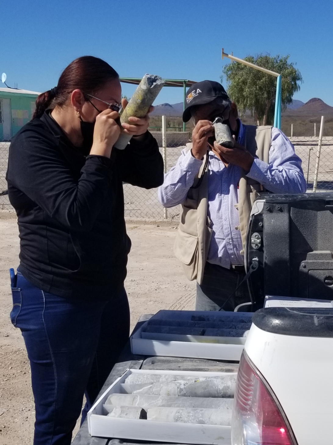 Geologists Alba Madera and Humberto Pacheco examining Pedro drill core