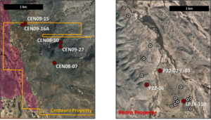 Figures 3a & 3b: Centauro (left) and Pedro (right) properties showing historical drill holes with significant intercepts from Table 2.